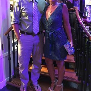 Express turquoise sequin mini dress w satin belt